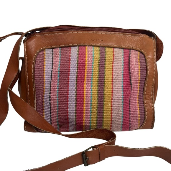 MALINCHE Crossbody Purse Tan Leather with Colorful Pastel Cloth Panel - Picture 3 of 13